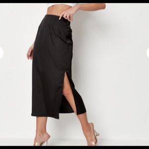 black bias cut satin midi slip skirt